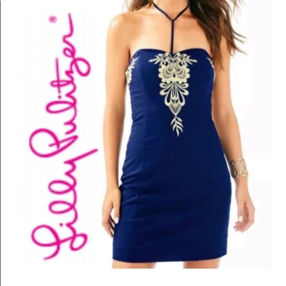 Lilly Pulitzer Blue Halter Mini Dress Convertible Gold Navy Embroidered